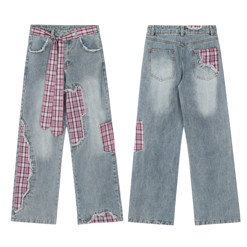 Design Frayed Plaid Stitching Jeans