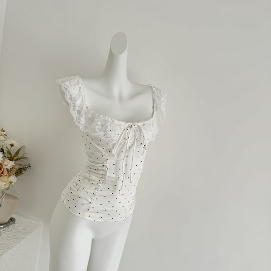 Lace Cap-sleeve Ruffled Polka-dot Camisole Women's Slim-fit Cropped Top