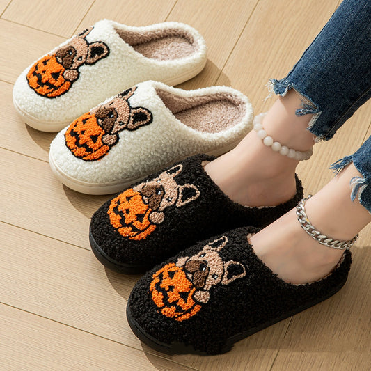 New Halloween Cute Comfy Pumpkin House Slippers Outdoor Indoor For Spooky Season Non-slip Velvet Cotton Slippers