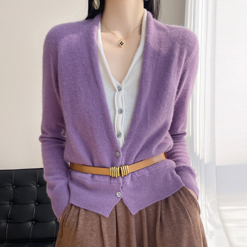 Pure Wool Women's Spring And Autumn V-neck Stitching Coat Knitted Top
