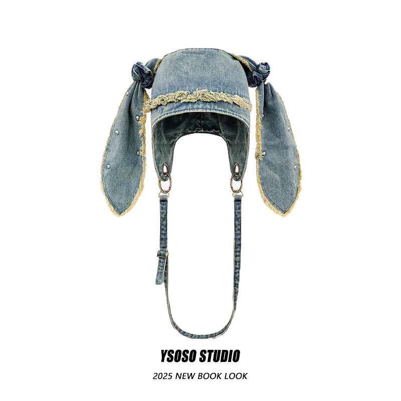 Water Washed Distressed Denim Bag And Hat Rabbit Ear Fringed Pullover Cap