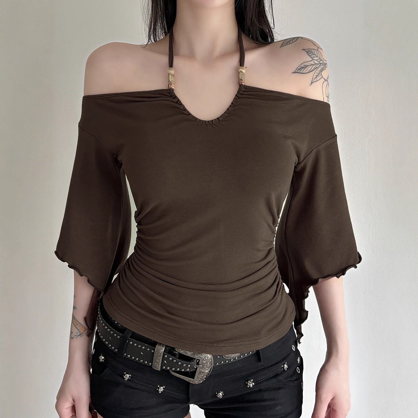 American-style Vintage Off-shoulder Figure-hugging Beaded Halter Womens Blouse