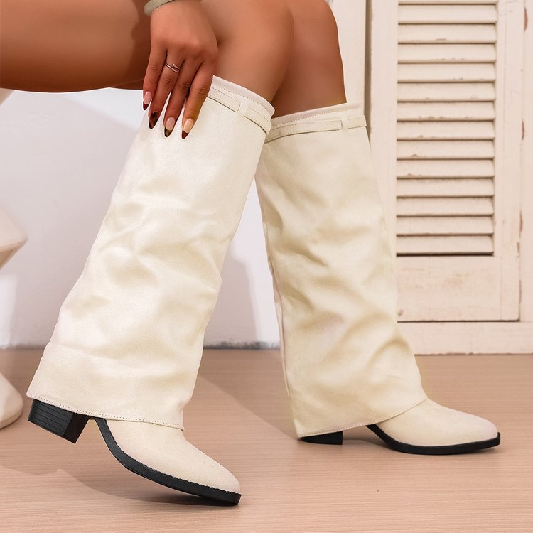 Pointed Toe High Tube Pants Boots Pleated Chunky Heel Sleeve
