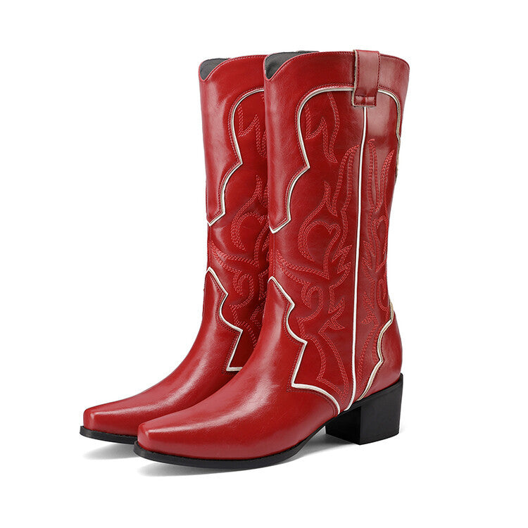 Pointed-toe Red Embroidered Knee-high Boots Chunky Heel