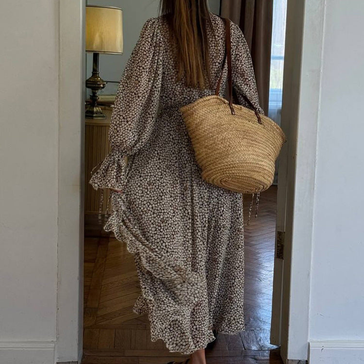 Elegant Printed Long-sleeved Ruffle Dress
