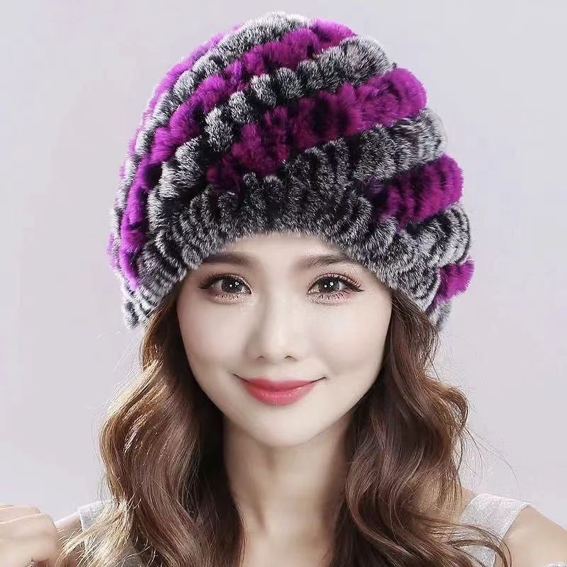 Womens Rex Rabbit Fur Knitted Spiral Pineapple Hat