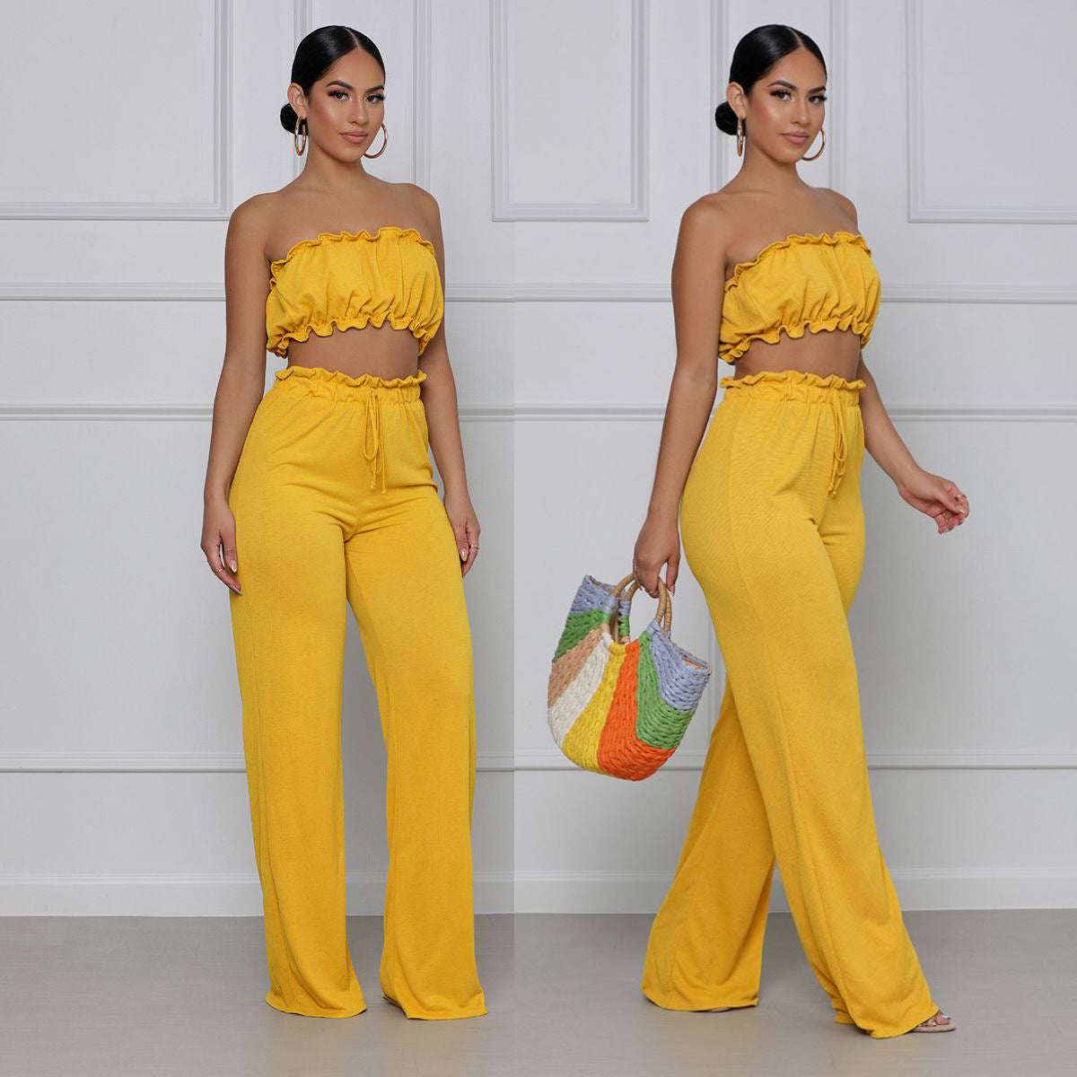 European And American Solid Color Casual Tube Top And Pants Women's Two-piece Set