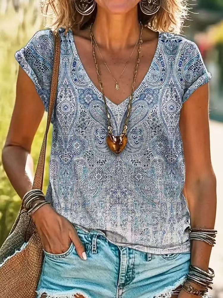 Casual Loose Fashion Digital Printing Multi-color Short Sleeve Women