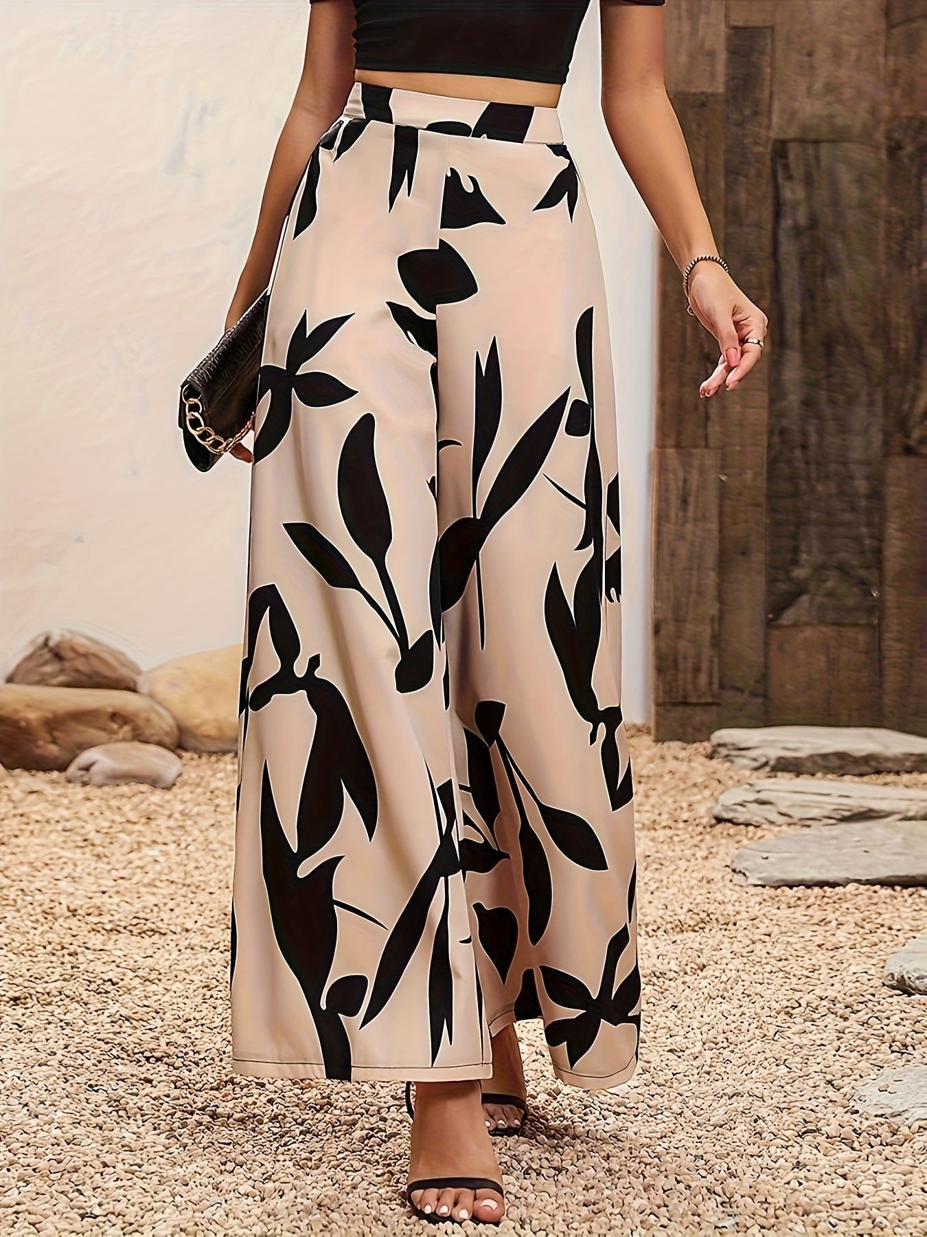 Leaf Print High Waisted Hanging Wide Leg Casual Pants