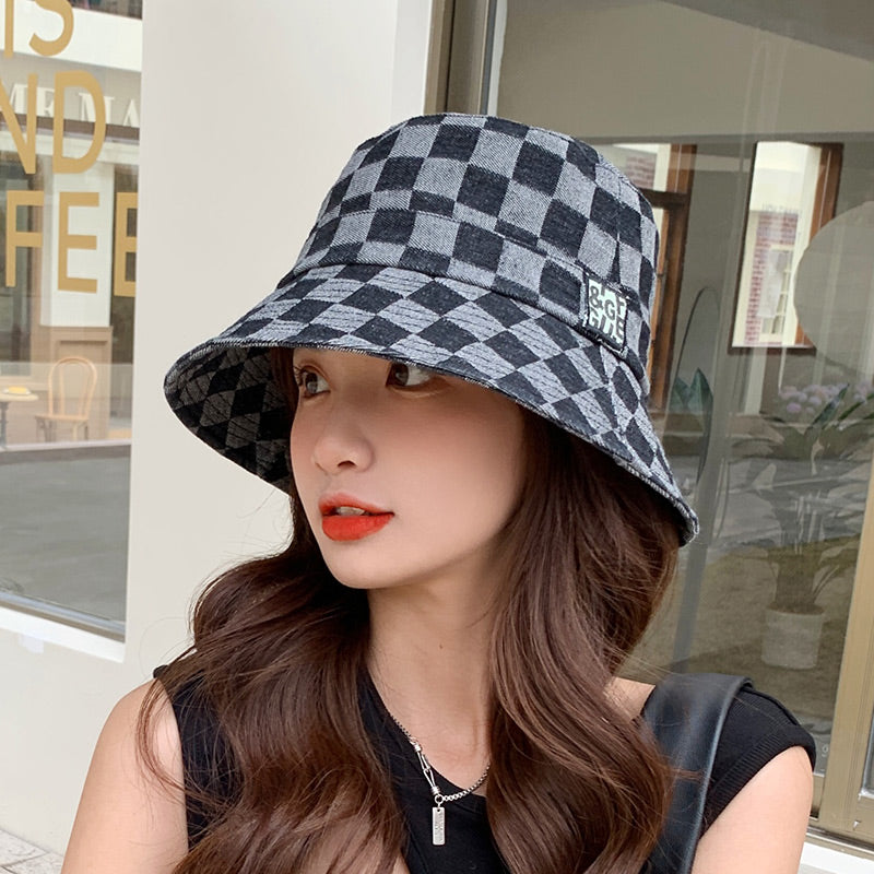 Dame plaid solskærm denim fiskerhat