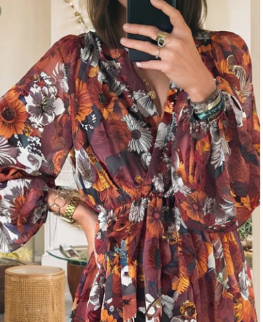 Printed V-neck Puff Sleeve Dress