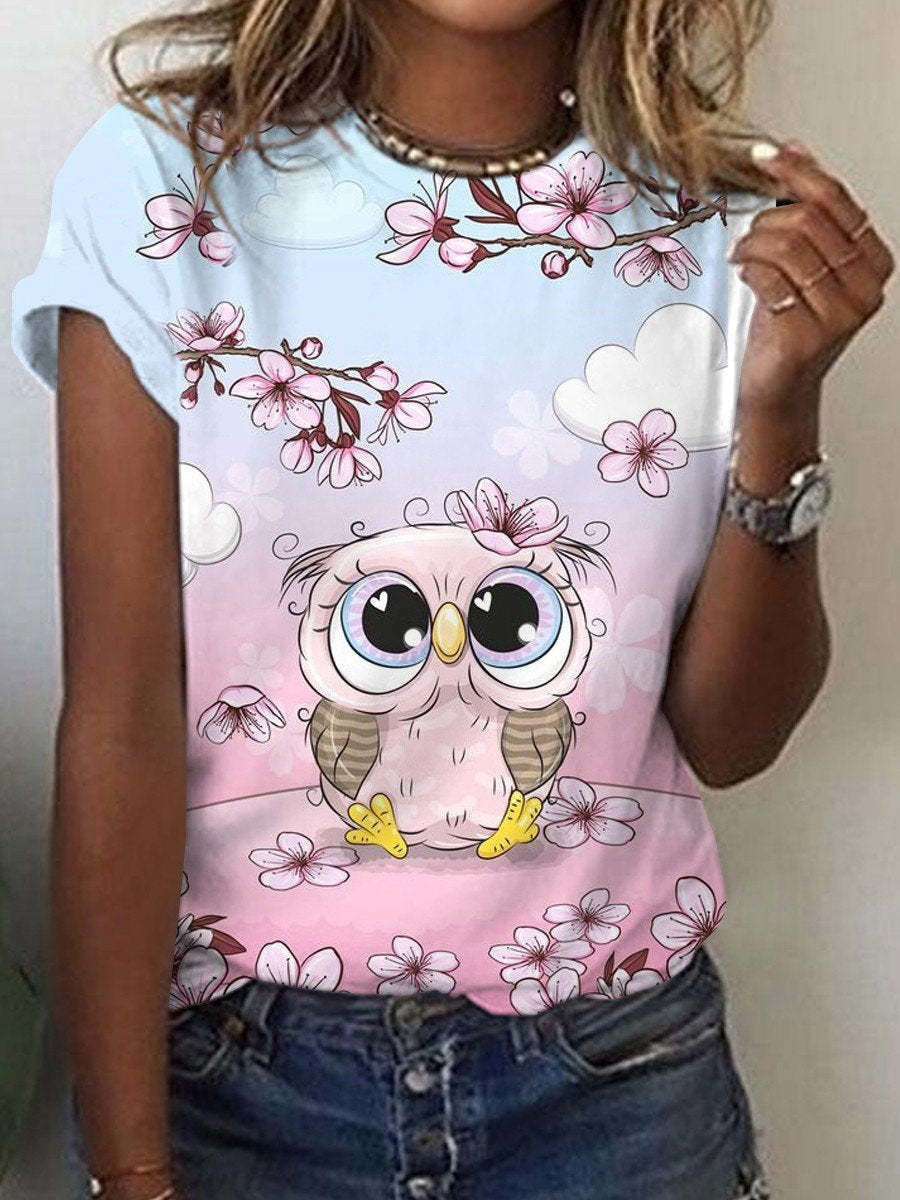 Cute Owl Pattern 3D Printed Round Neck Short Sleeve
