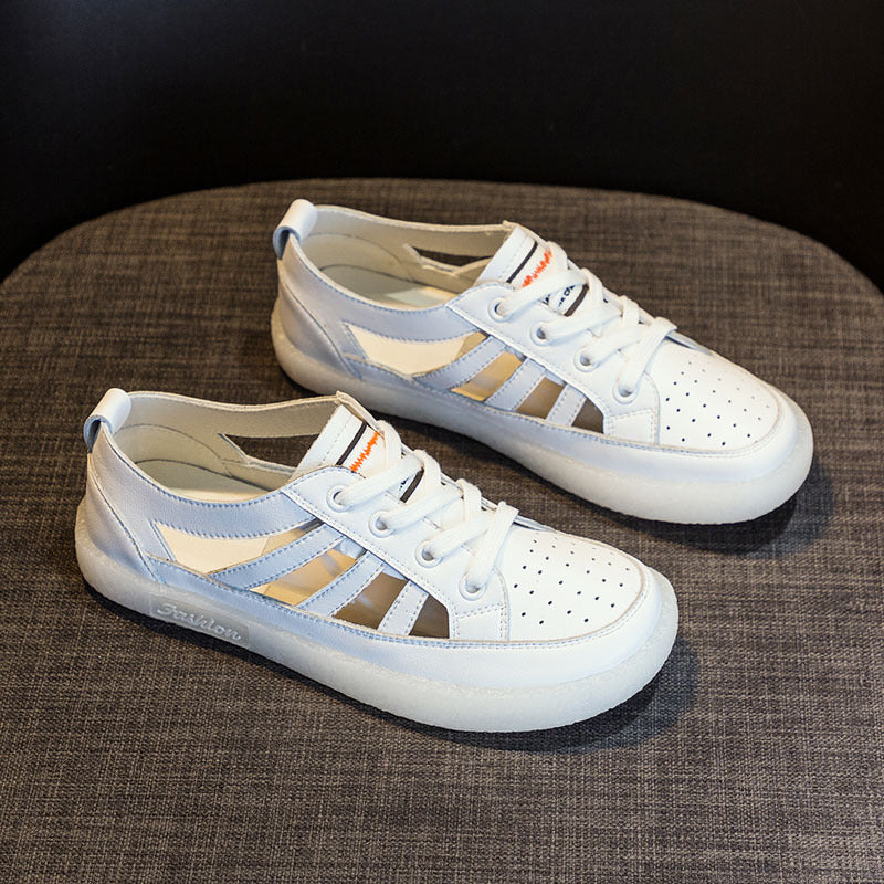 Women's Large Size Leather Toe Hollow White Shoes