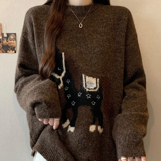 Laid-back Youth-boosting Super-cute New Year RedJacquard Sweater