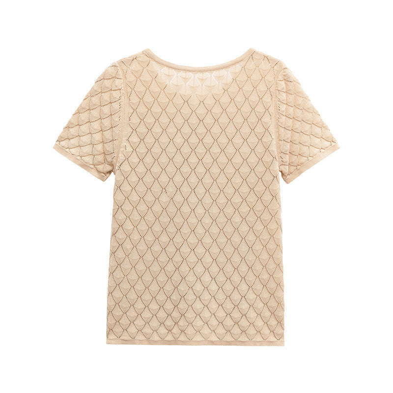 Strikket top T-shirt med korte ærmer og tekstur