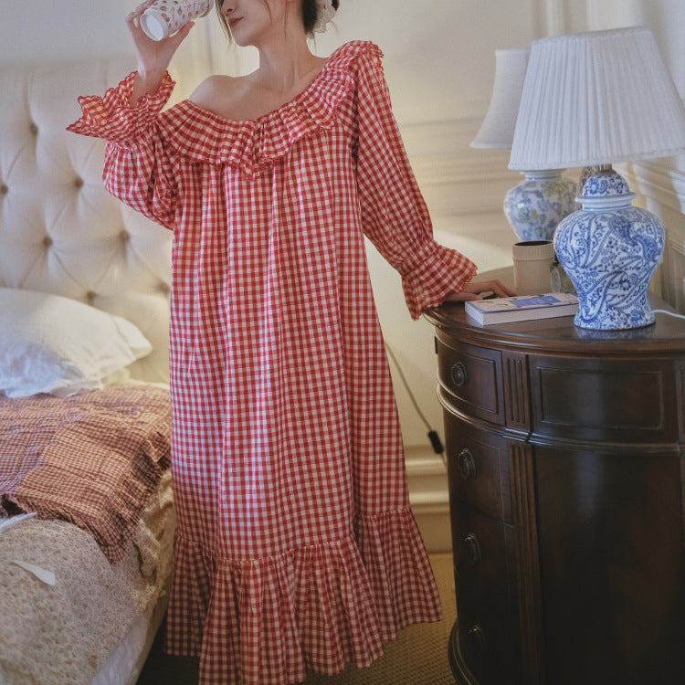 Plaid Sweet Nightgown Loose Loungewear Outerwear-Friendly French-Style Womens SpringAutumn Nightgown