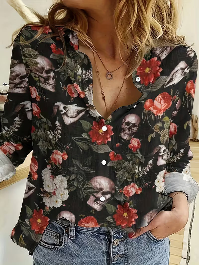 Simulated Silk Loose-Fit Oil Painting Print Summer Long-Sleeve Shirt