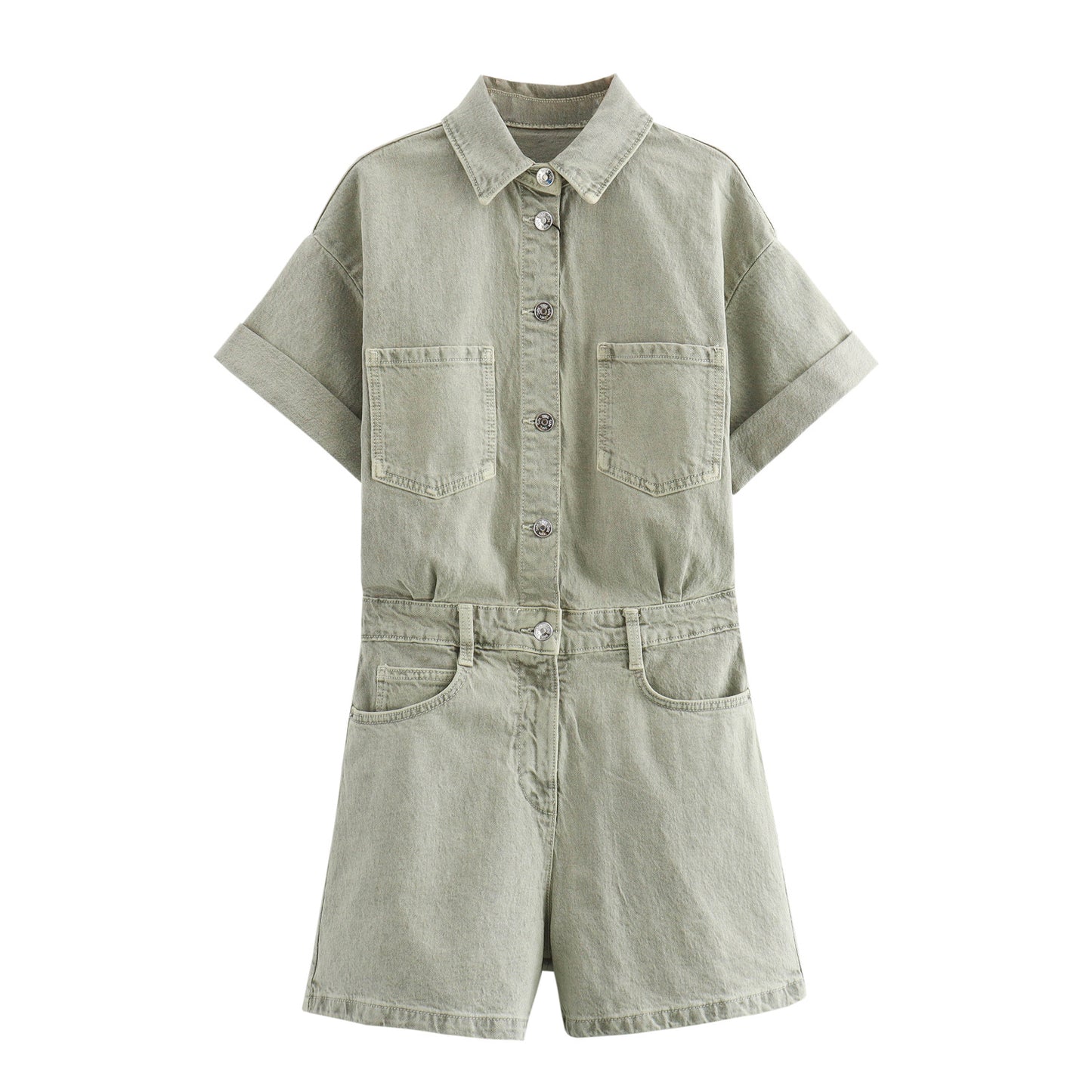 Lapel Multi-color Short Sleeve Denim Jumpsuit