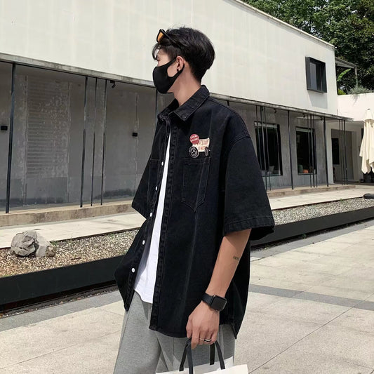 Denim Short Sleeve Lapel Youth Popularity Art Blouse