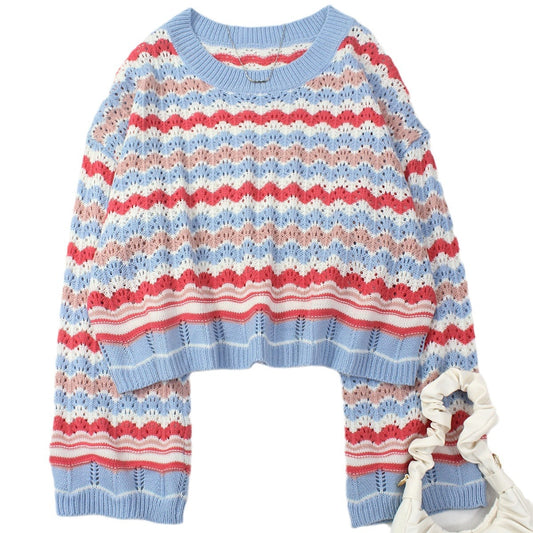 Striped Hollow-out Knitted Round Neck Loose Contrast Color Fashion Pullover Top Women's Clothing