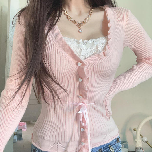 Sweet Style Lace Stitching Love Button Fake Two Pieces Sweaters Curling Top