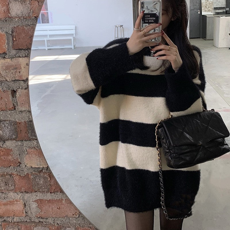 Retro Loose Thick Idle Style Soft Sticky Striped Sweater