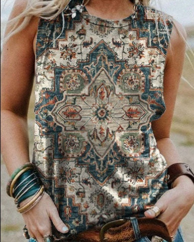Retro Print Round Neck Short Sleeve Women's T-shirt