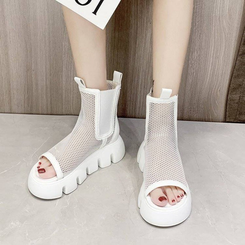 Soft Leather Mesh Hollow Platform Platform Wedge Martin Boots