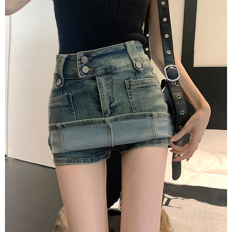 Womens Stretch High-Waisted Vintage Denim Skirt