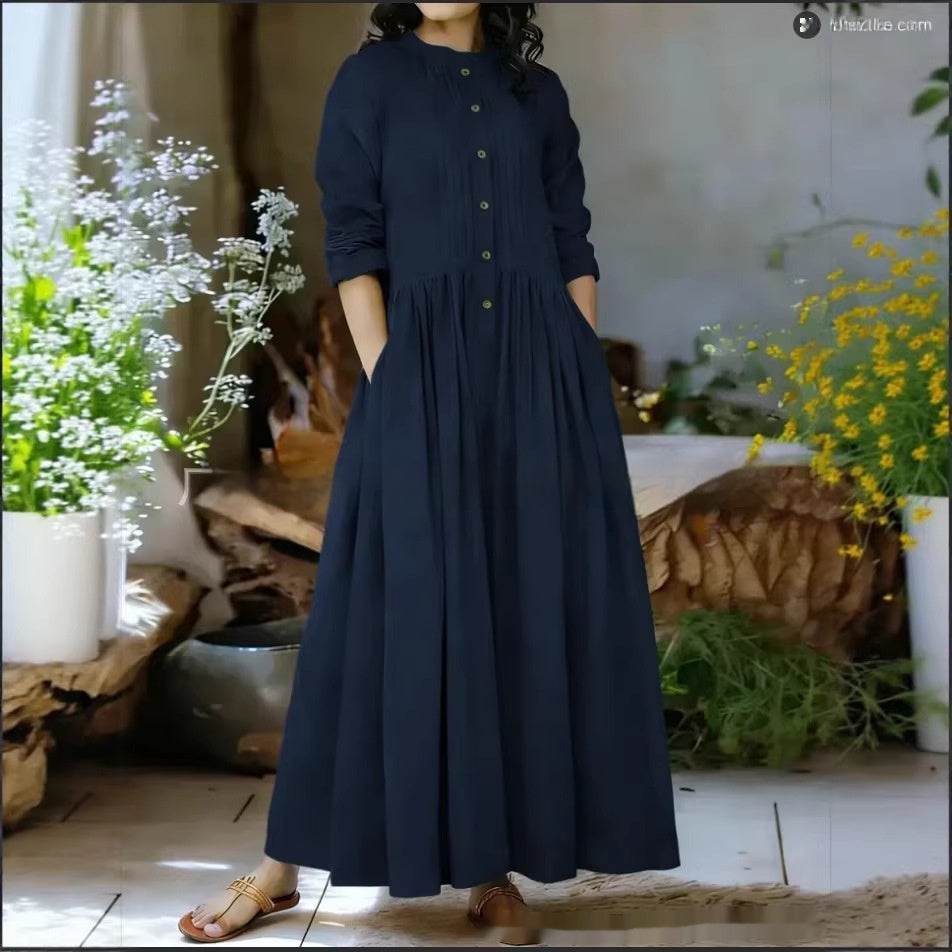 Womens Solid-Colored Stand-Up Collar Long-Sleeve Loose A-Line Dress