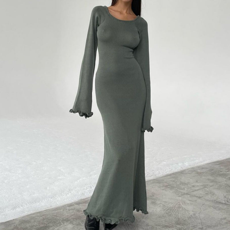 New Solid Color Stringy Selvedge Backless Knitted Long Dress For Women