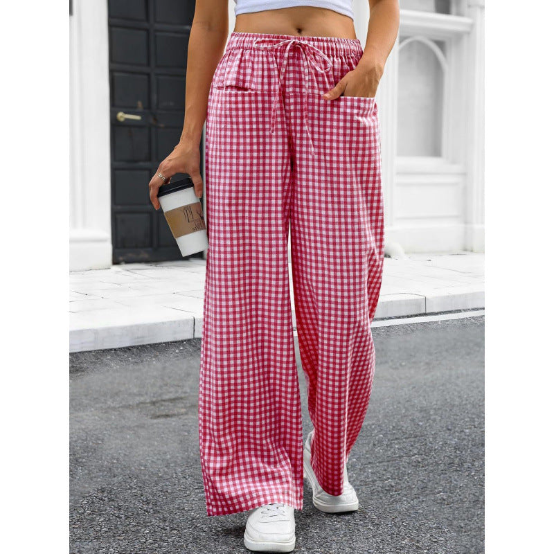 High-waisted Wide-leg Plaid Drawstring Loungeleisure Pants