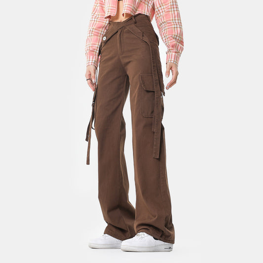 Female Decorative Ribbon Cross Waist Seal Straight Cargo Pants