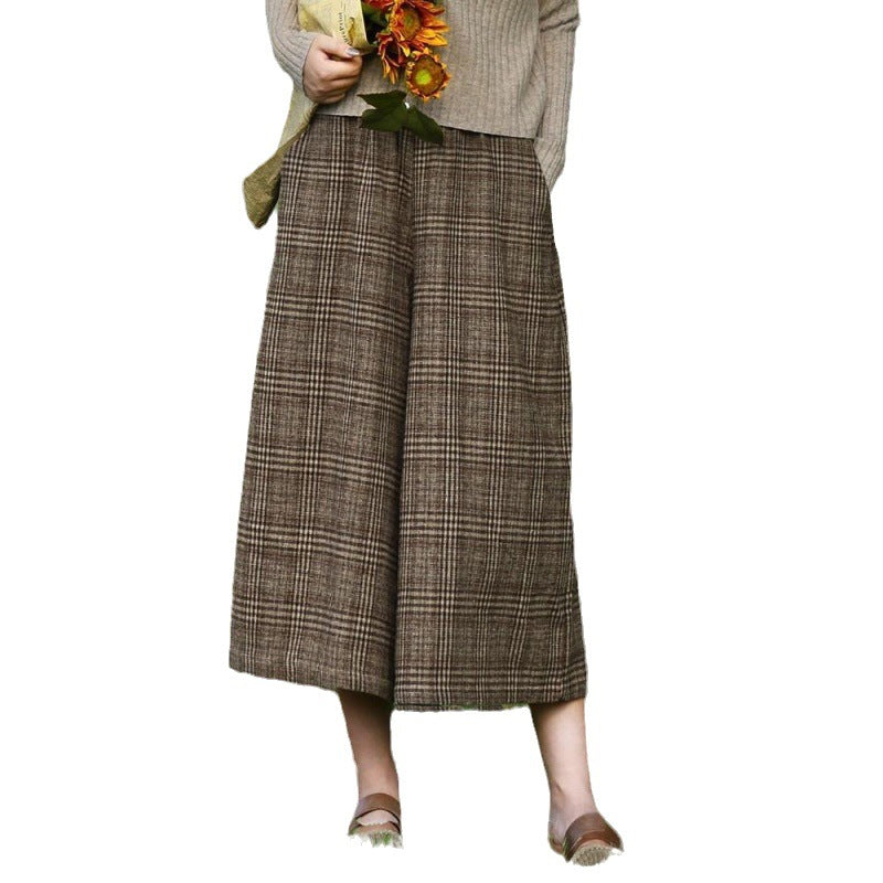 Women's Western Style Checkered Slim Fit Casual Cropped Wide Leg Pants