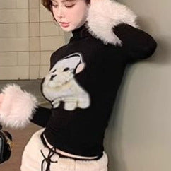 Sexy Alluring Miniature Dog-Print Turtleneck Long-Sleeve T-Shirt For Women