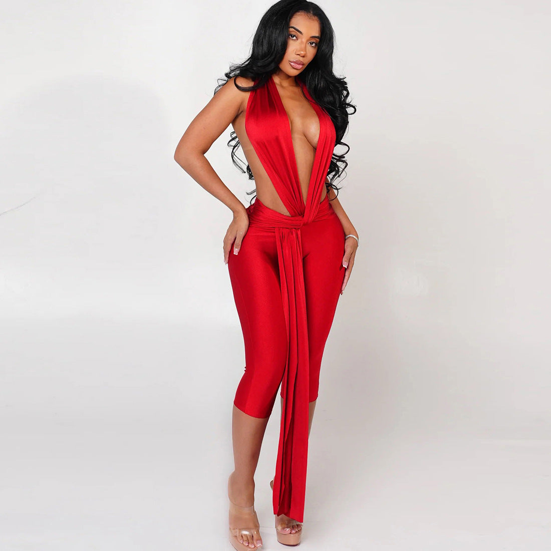 Solid-Color Sexy Chic Sleeveless Halterneck Backless Bodycon Jumpsuit