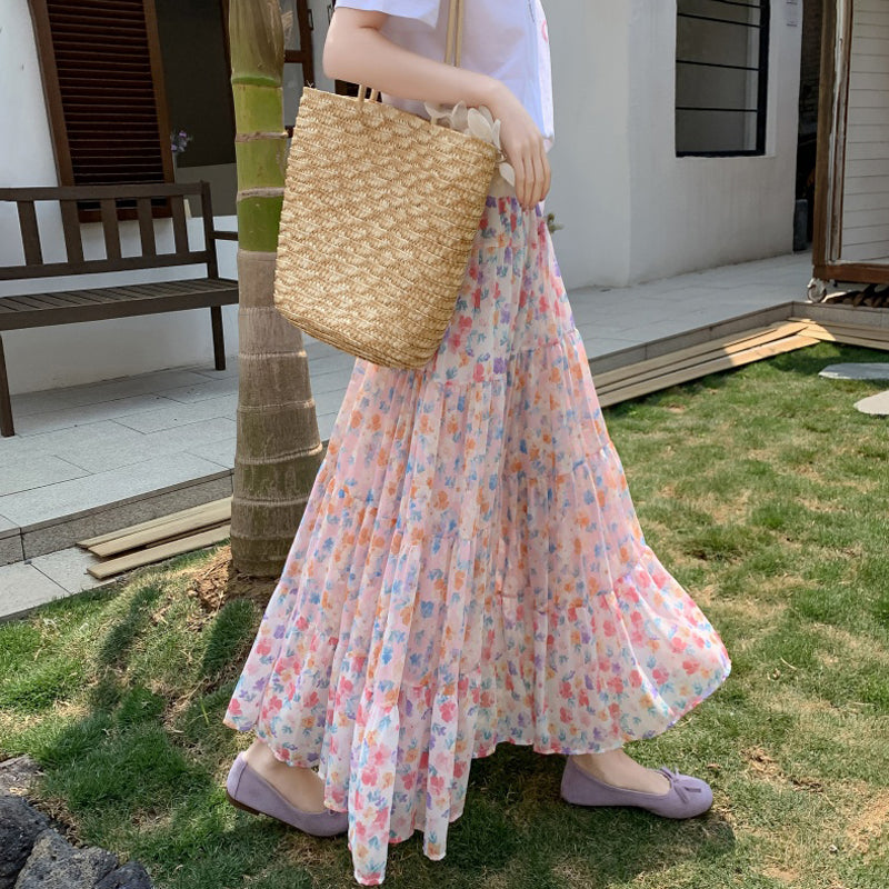 High Waist Drooping Printed Chiffon Floral Skirt For Women