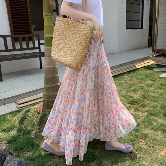 High Waist Drooping Printed Chiffon Floral Skirt For Women