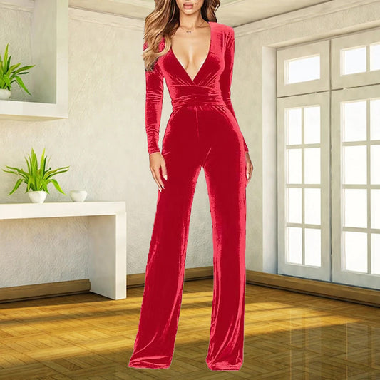 Womens Fashion Velvet Wide-Leg Jumpsuit With Long Sleeves