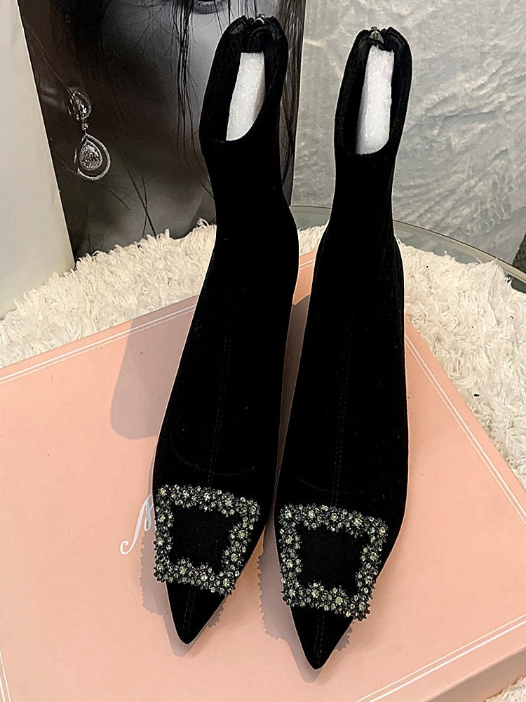 Rhine-drill Pointed High Heels Square Buckle Elastic Boots Large Size Ankle Boots Low Heel