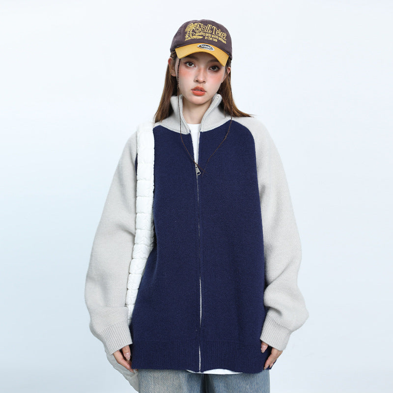 Japanese-style Retro Gray Black Stand Collar Zipper Contrast Color Coat