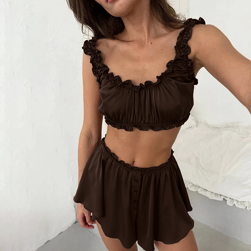Springsummer Satin And Lace Underwear Shorts Pajama Two-piece Setstylish And Sexy