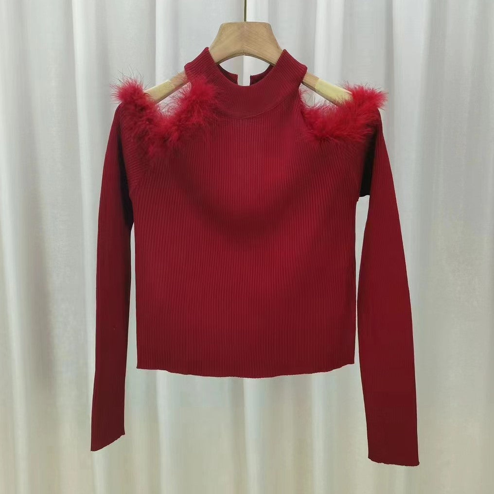 Women's Half-turtleneck Stitching Hollow Out Shoulder-baring Knitwear Top