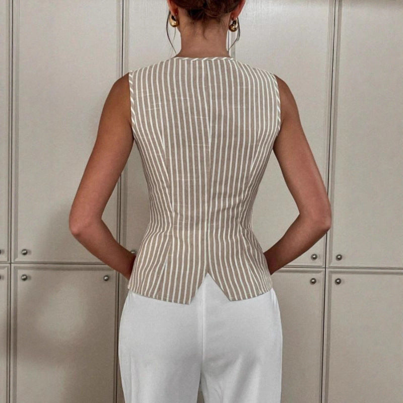 Striped Single-Breasted Vest Fashionable Round-Neck Irregular-Button Tank Top