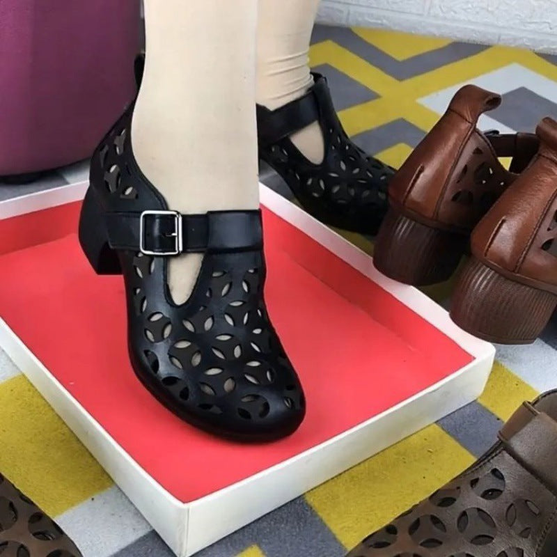 Casual Soft Leather Hollow-out Platform Breathable Sandals