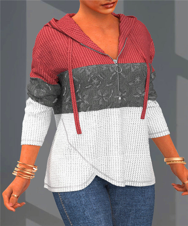 Women's Elegant Color Matching Zipper Sweater With Hat