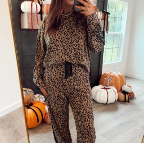 Brown Striped Design Leopard Print Long Sleeve Top Drawstring Pants Suit
