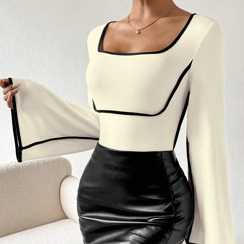 Women's Spliced Mandarin-collar Flared-sleeve T-shirt