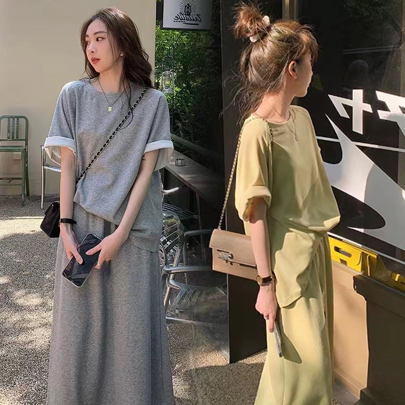 T-shirt And Mid-length Figure-flattering Skirt Sports Set