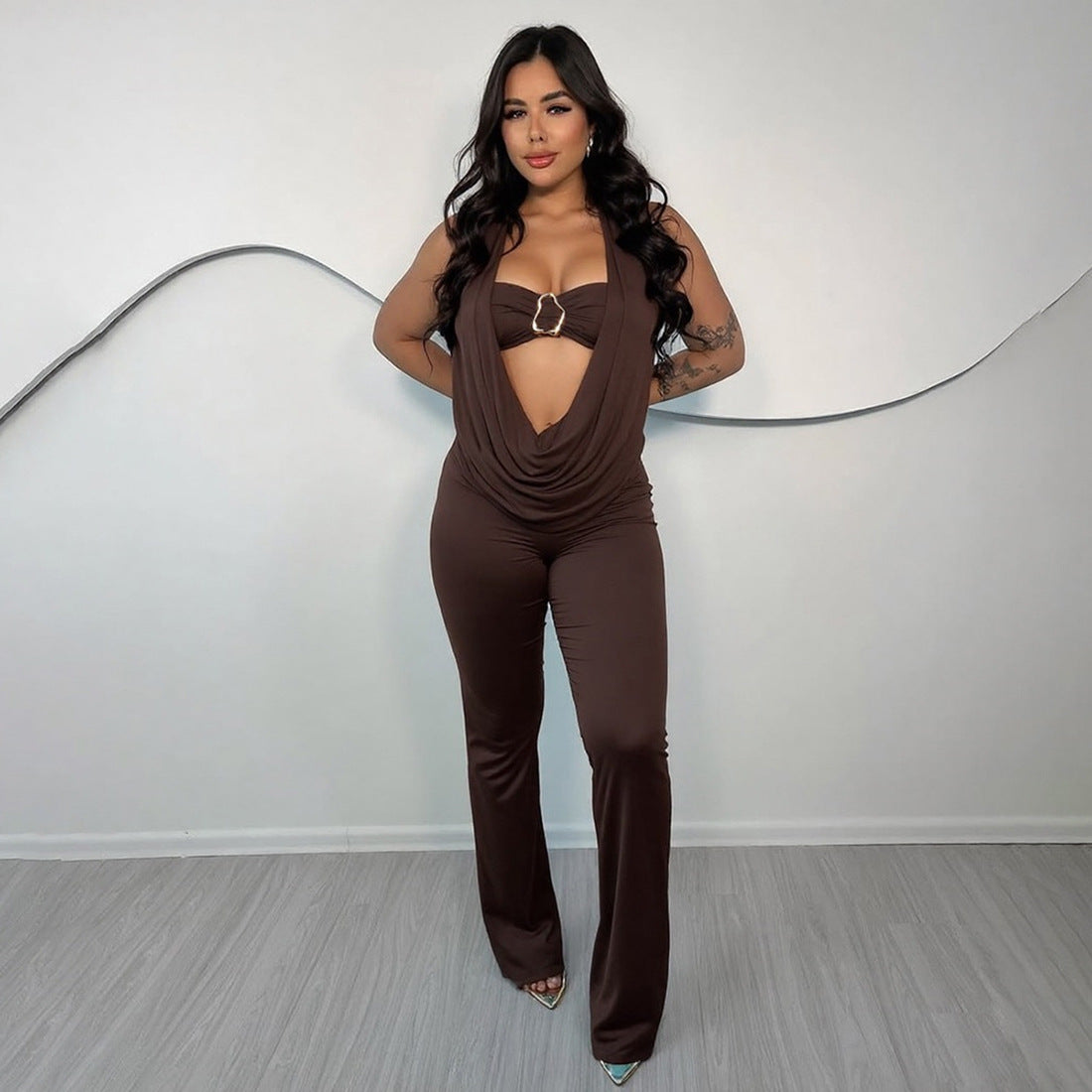 New Autumn Off-the-Shoulder Halter Deep V-Neck Backless Jumpsuit